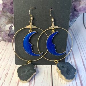 Black Solar Quartz Druzy Gold Moon Hoop Earrings